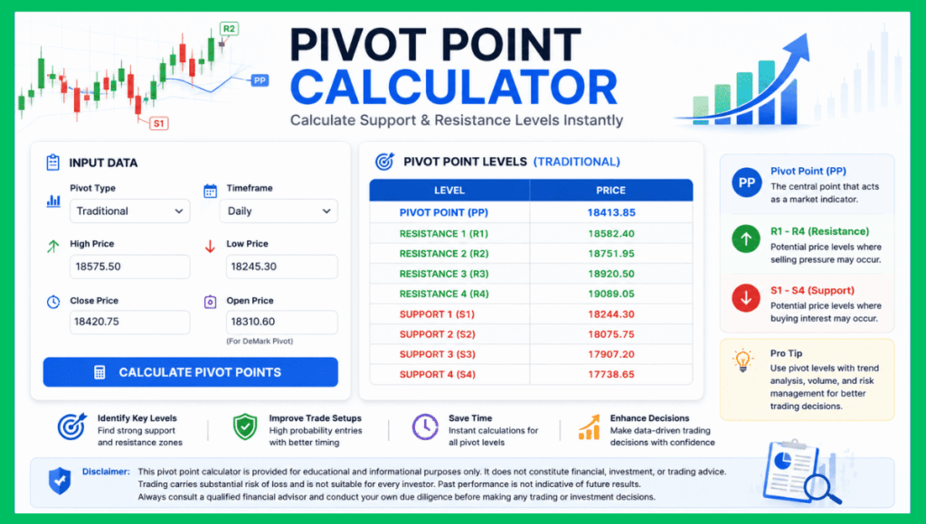 Modern pivot point calculator showing support and resistance levels for trading analysis