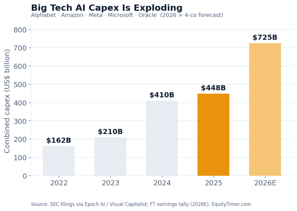 Combined AI spending by the major cloud companies. The 2026 figure is a four-company forecast from first-quarter earnings.
