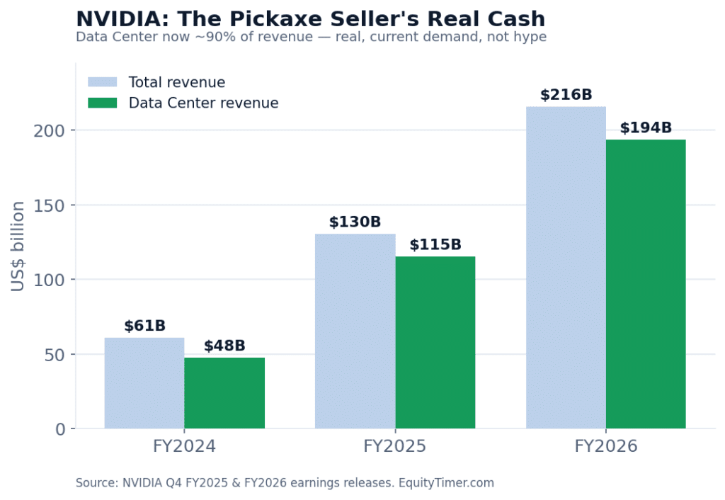 Approximate yearly cloud revenue. These are real, repeating businesses — but they carry the heaviest spending of any layer. Source: company cloud-segment disclosures, FY2025–26.