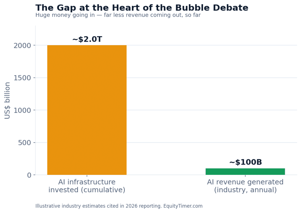 The single chart at the centre of the debate — a very large amount of money has gone into AI infrastructure, while the revenue it has produced so far is much smaller. Figures are illustrative industry estimates cited in the 2026 reporting.