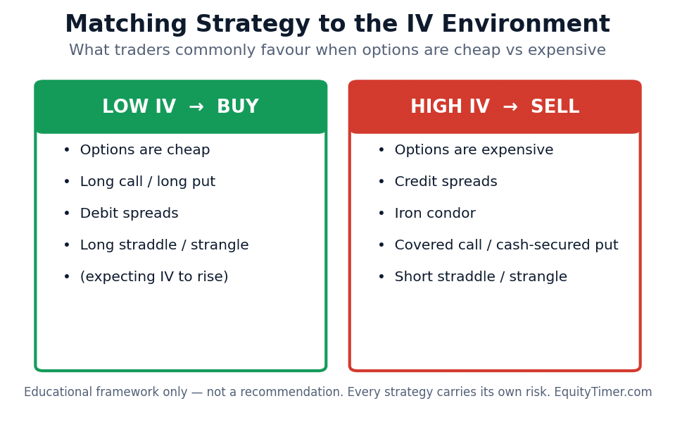 Two-panel diagram: low IV favours buying strategies like long calls and debit spreads; high IV favours selling strategies like credit spreads and iron condors